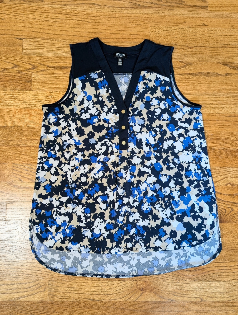 Jones New York Navy Blue Sleeveless Abstract Floral Blouse Button Front Size L - Picture 3 of 8